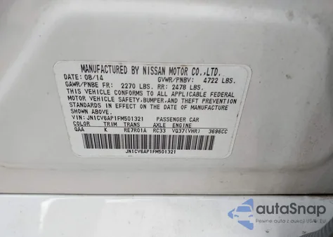 2015 Infiniti Q40 from USA, damaged, VIN JN1CV6AP1FM501321